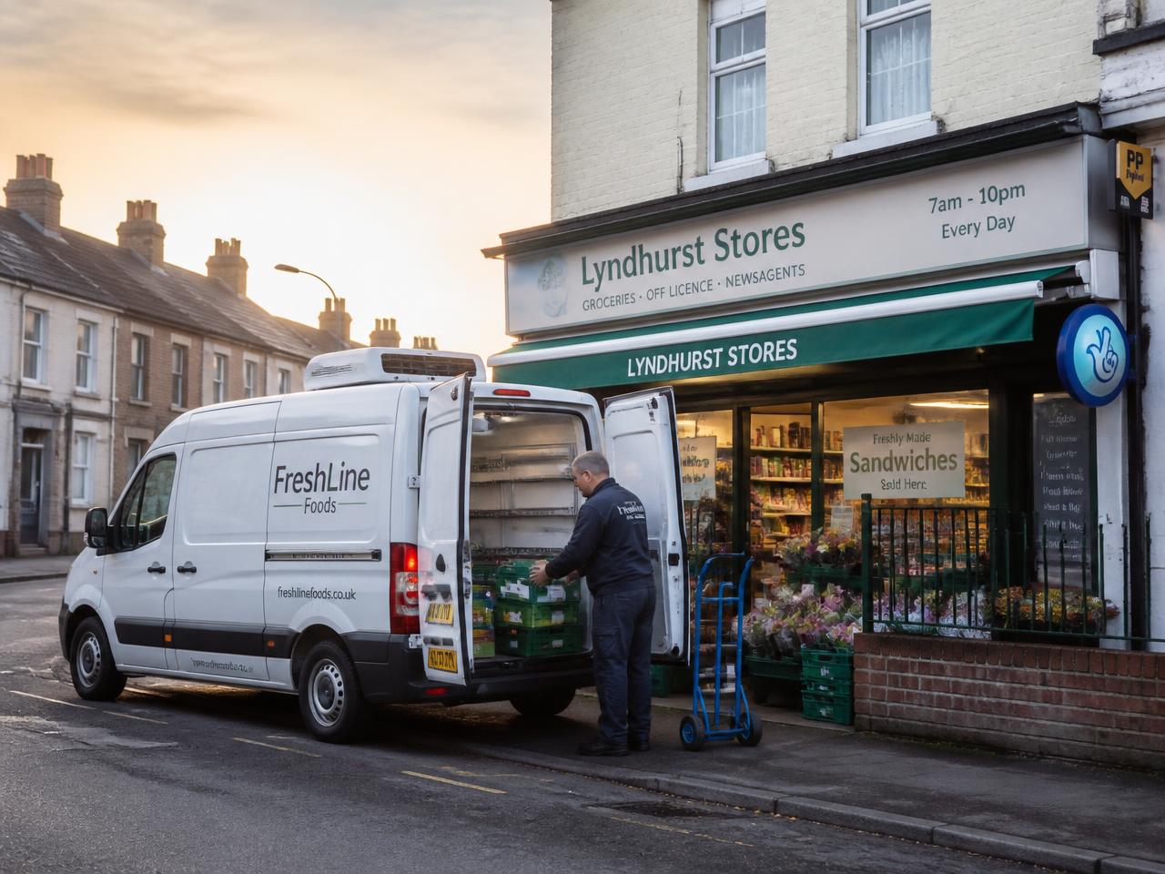 Refrigerated GAGG FOODS delivery van unloading fresh stock at a local shop